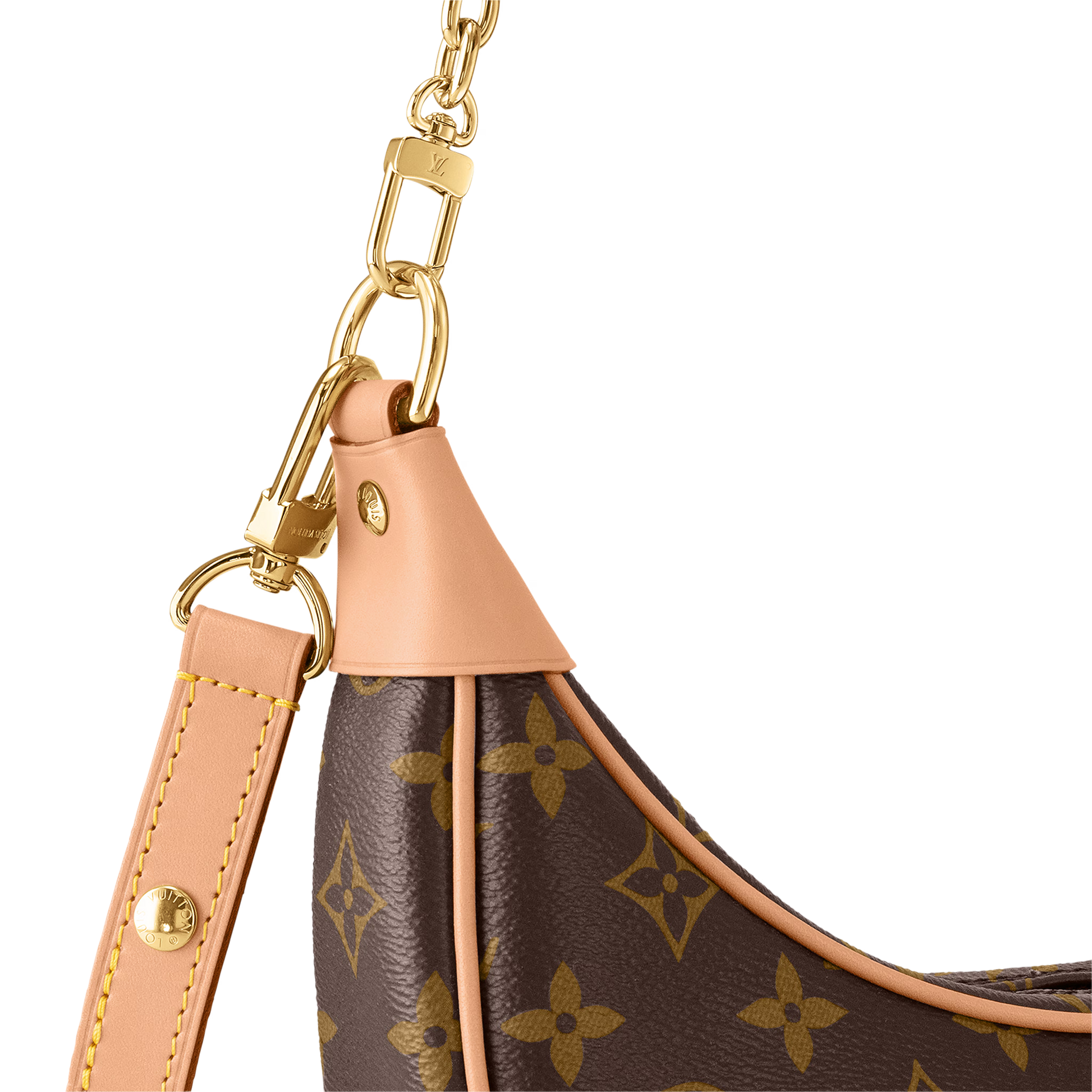 Close-up of a brown leather handbag with gold chain and strap on a transparent background
