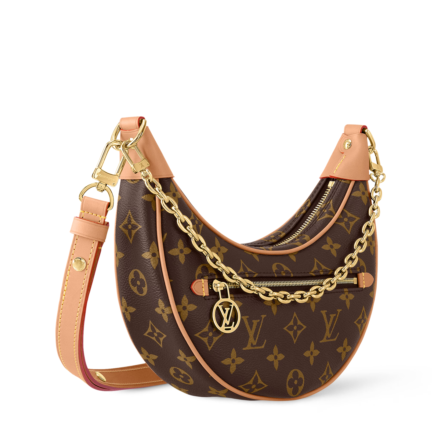 Designer handbag with monogram pattern and gold chain detail on a white background