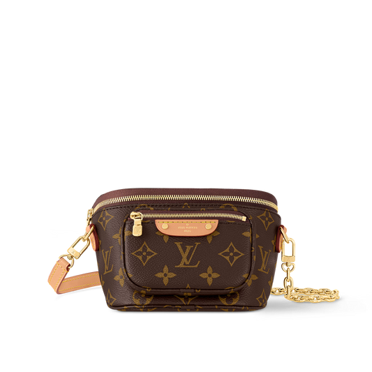 Front view of Mini Bumbag in classic monogram canvas style featuring a gold-tone chain and natural leather details