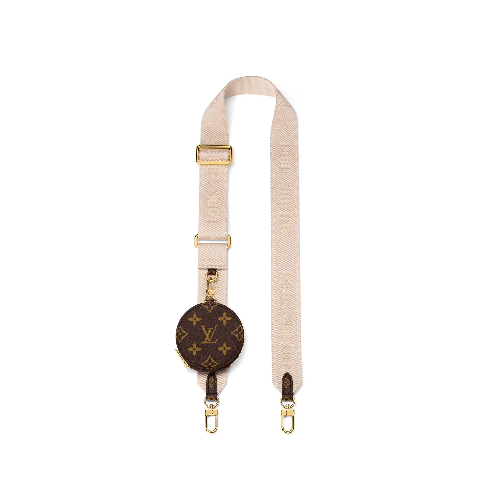 Beige strap with gold hardware and a Louis Vuitton monogrammed patch on a white background
