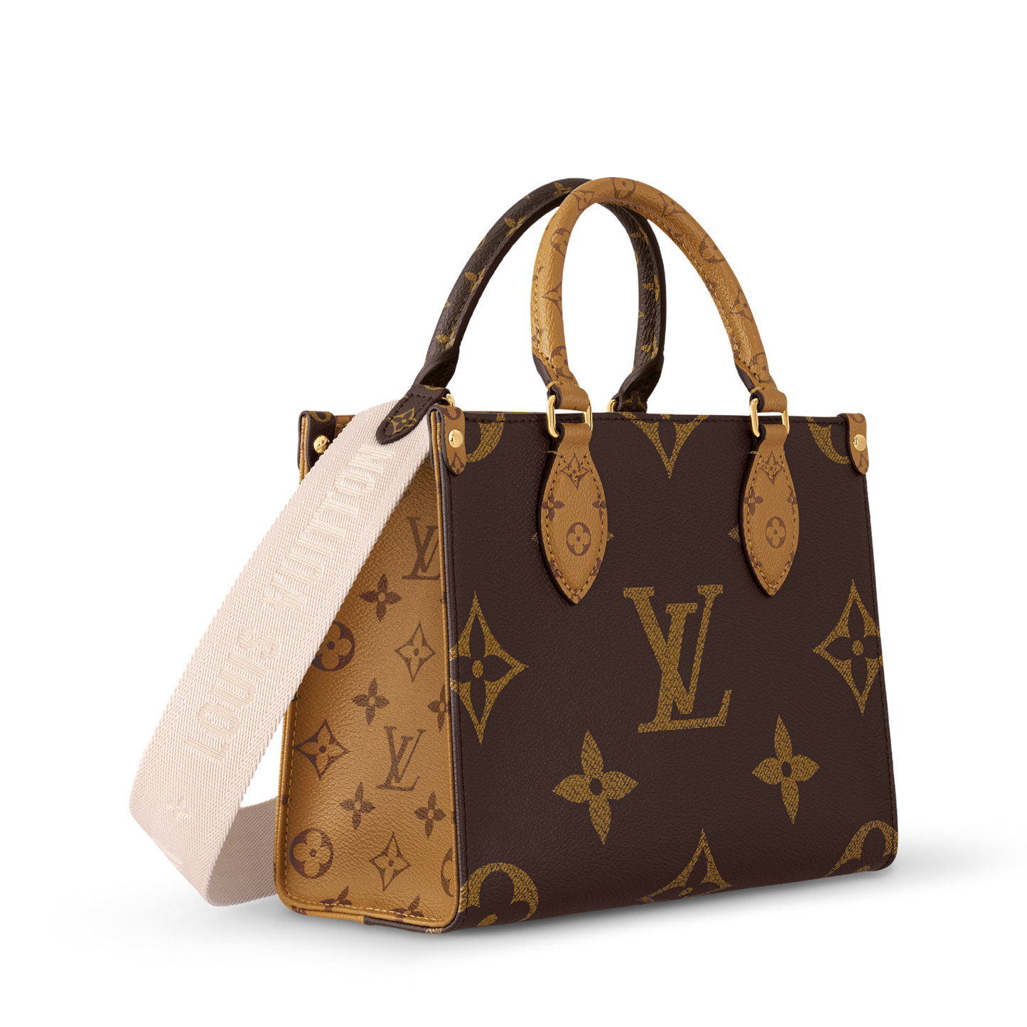 Designer handbag with monogram pattern on a white background