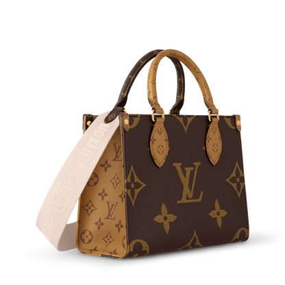 Designer handbag with monogram pattern on a white background