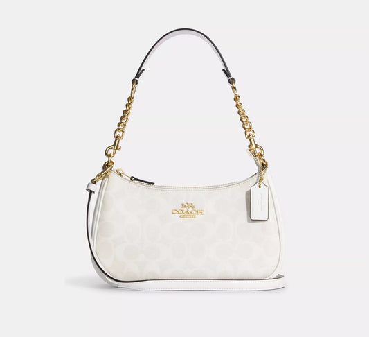 Teri shoulder bag in signature canvas, white, front view